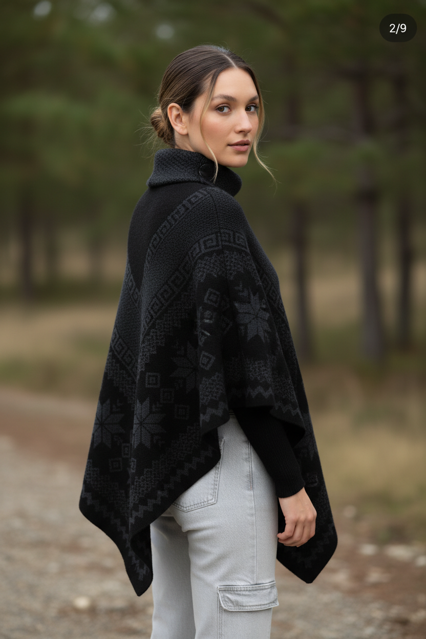 Black Poncho Outdoor Back View