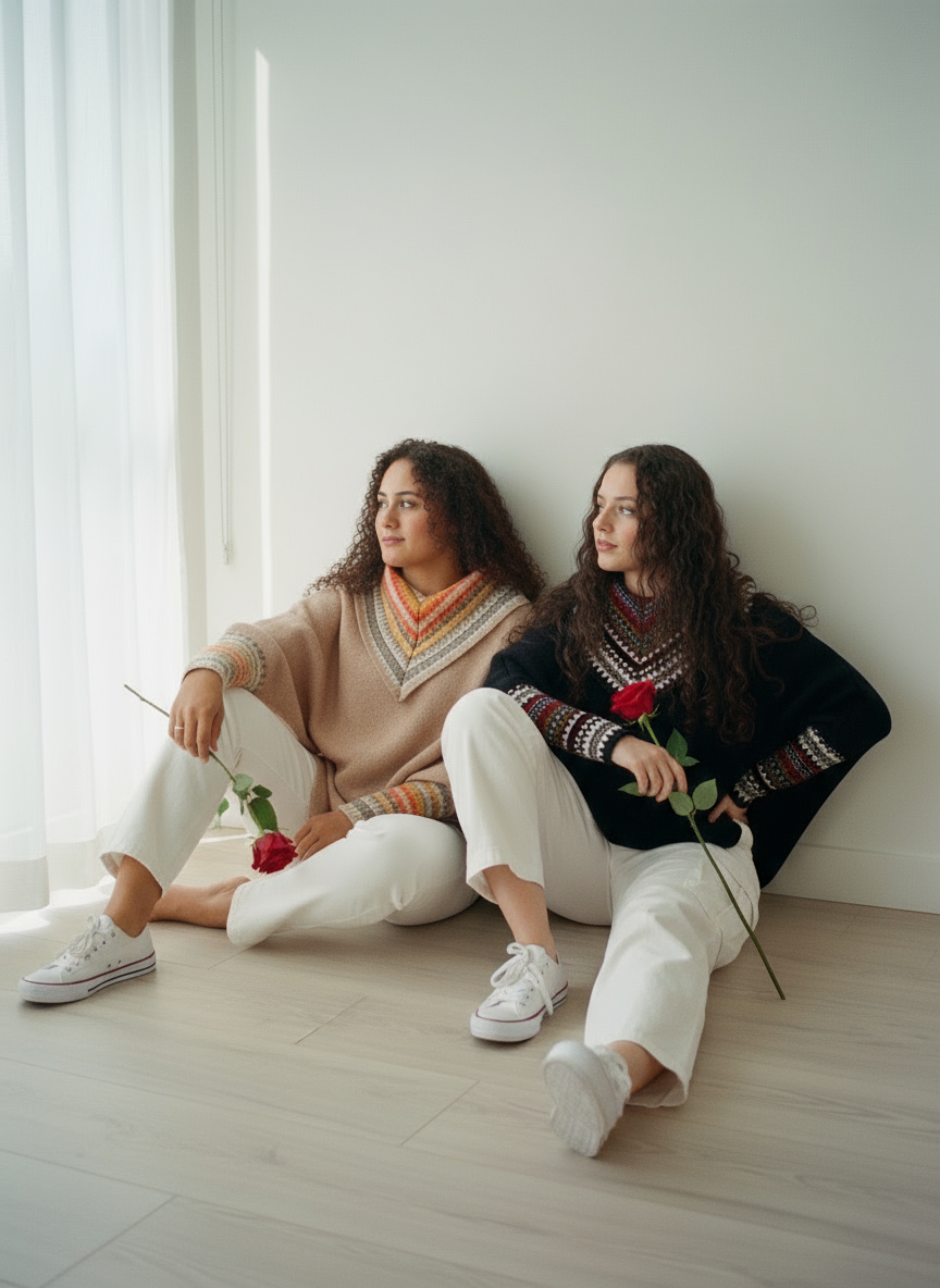 Models in ponchos with white sneakers